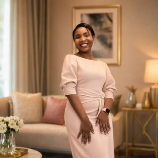 Portrait of Dame Agboola smiling in a soft pink dress